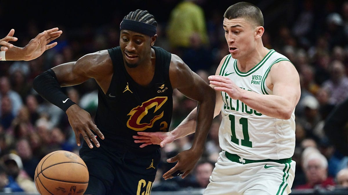 Cleveland Cavaliers guard Caris LeVert (3) drives to the basket against Boston Celtics guard Payton Pritchard (11) during the second half at Rocket Mortgage FieldHouse. 