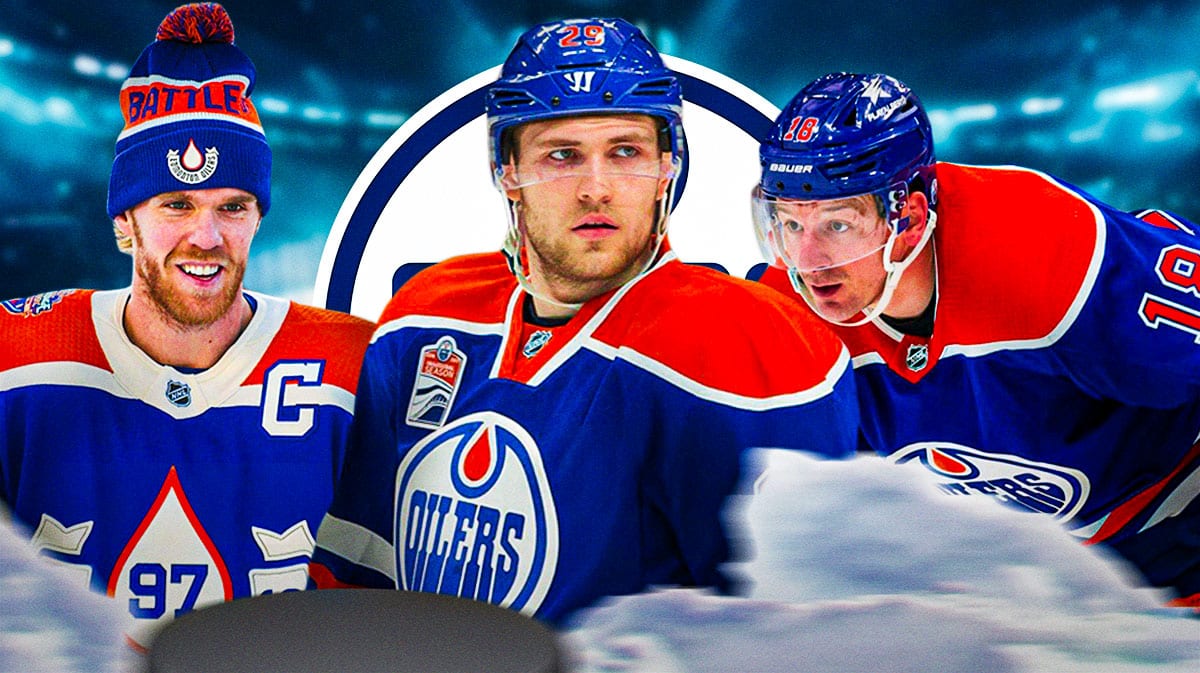 Leon Drasaitl in middle, Connor McDavid and Zach Hyman all looking happy with fire around them, Edmonton Oilers logo, hockey rink in background