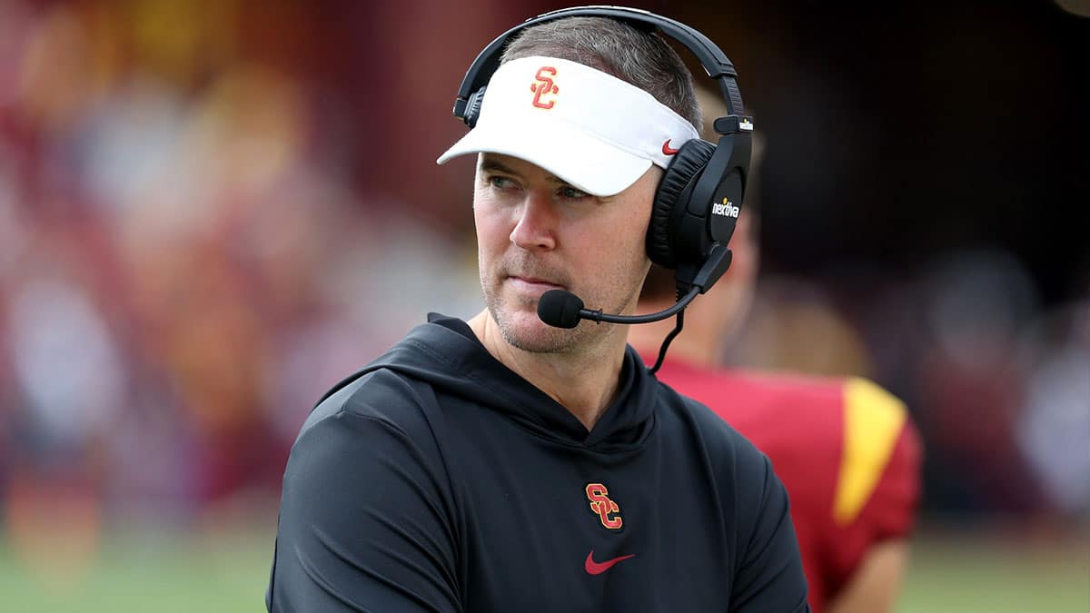 USC Trojans head coach Lincoln Riley during the first quarter at United Airlines Field at Los Angeles Memorial Coliseum.