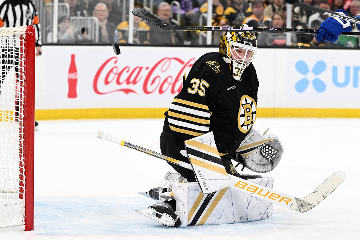 A goal scored by Toronto Maple Leafs left wing Tyler Bertuzzi (not seen) on Boston Bruins goaltender Linus Ullmark (35) was overturned after video review during the second period in game two of the first round of the 2024 Stanley Cup Playoffs at TD Garden.