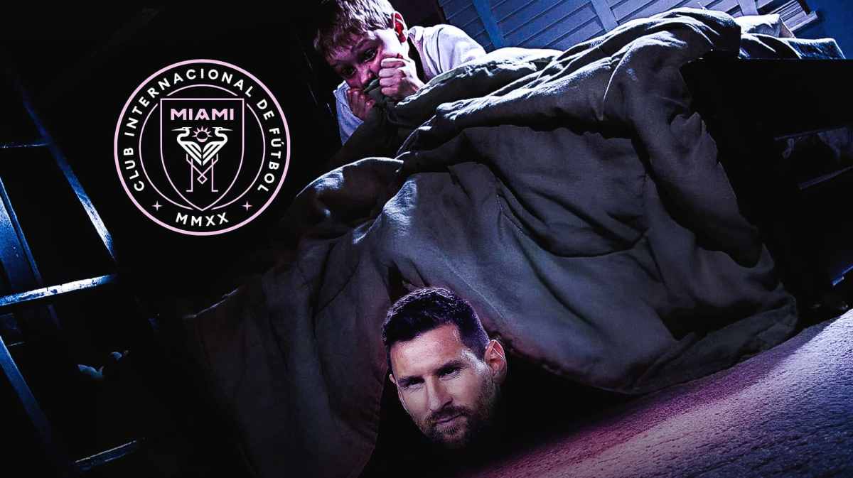 Lionel Messi as a monster next to a kids bed, the Inter Miami logo on the wall MLS