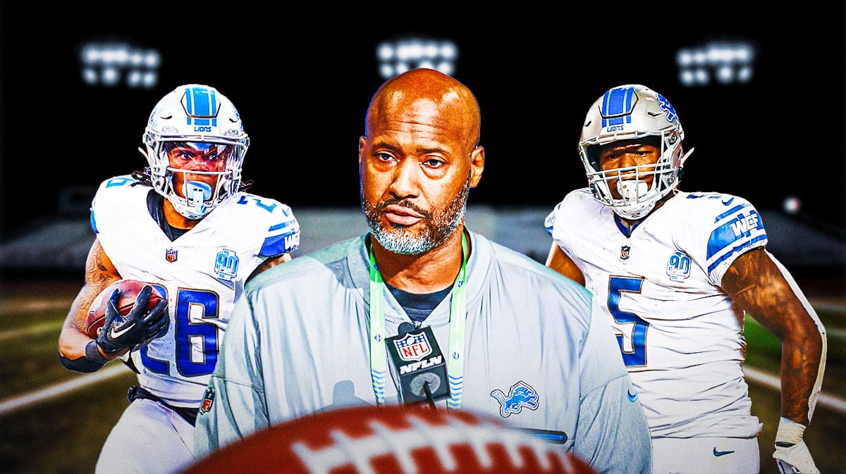 Detroit Lions general manager Brad Holmes with running backs David Montgomery and Jahmyr Gibbs