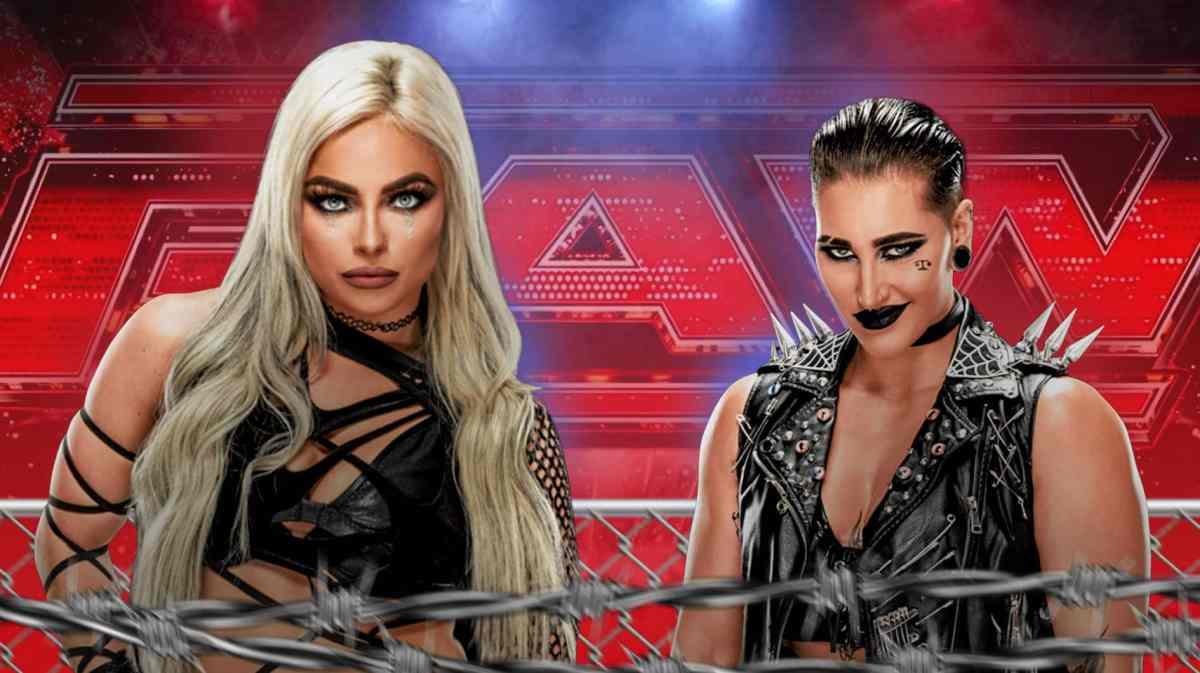 Liv Morgan looking angry at Rhea Ripley with the RAW logo as the background.