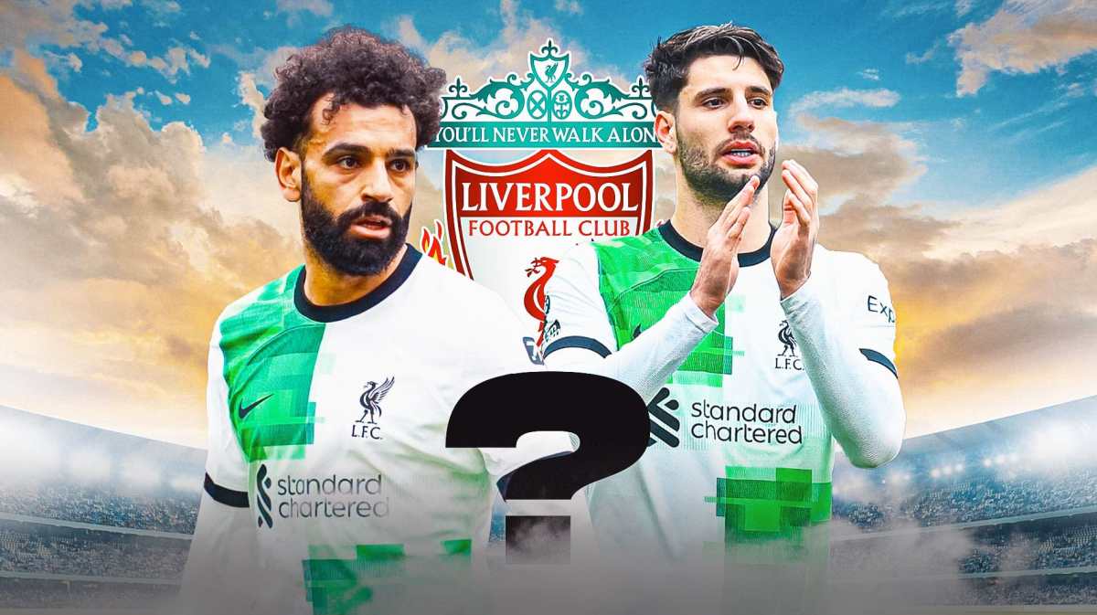 Mohamed Salah and Dominik Szoboszlai wearing a Liverpool jersey with a big questionmark on the front side of it, the Liverpool logo behind them