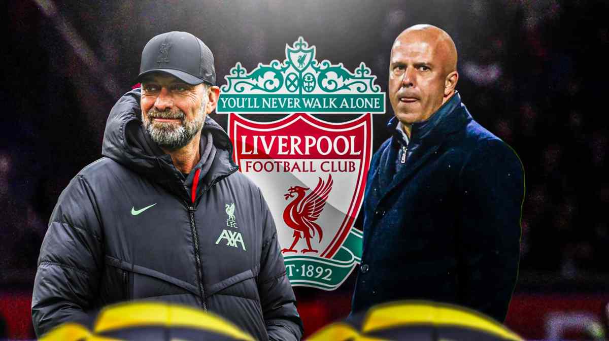 Jurgen Klopp and Arne Slot in front of the Liverpool logo
