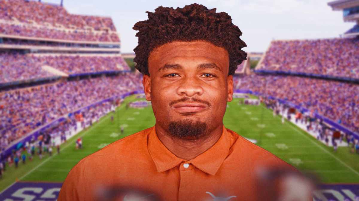 Texas football, Longhorns, Transfer portal, Austin Jordan, Austin Jordan TCU, Austin Jordan with TCU football stadium in the background