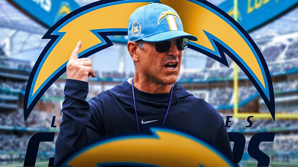 Chargers, Jim Harbaugh, Alex Leatherwood, Alex Leatherwood Chargers, Chargers offseason, Jim Harbaugh in Chargers gear with Chargers stadium in the background