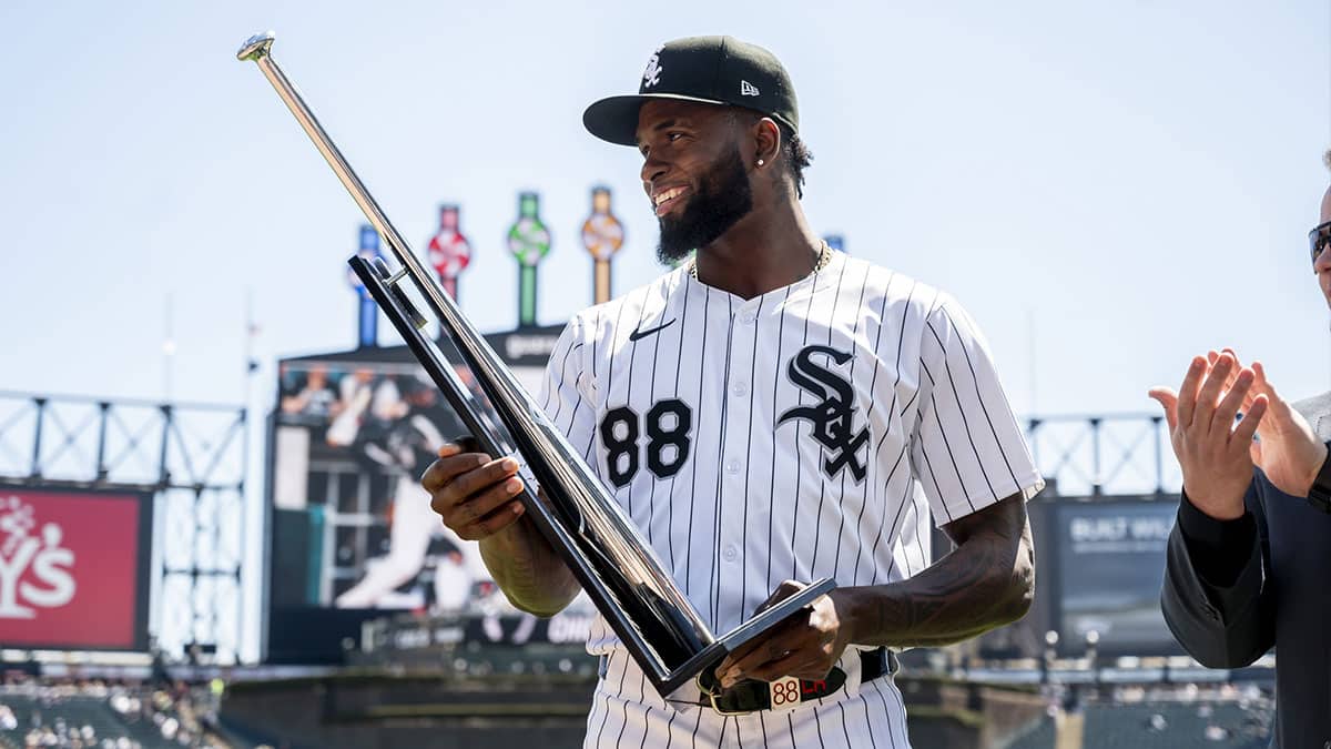 Chicago White Sox Luis Robert Jr. (88) is presented the Silver Slugger Award prior to a game against the Cincinnati Reds at Guaranteed Rate Field.