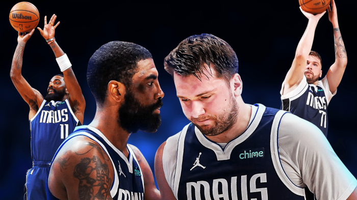 Mavericks' Luka Doncic and Mavericks' Kyrie Irving both shooting basketballs in background. In front, need Mavericks' Luka Doncic and Mavericks' Kyrie Irving both looking upset/serious.