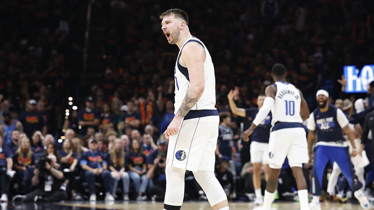 Dallas Mavericks guard Luka Doncic (77) celebrates after scoring against the Oklahoma City Thunder during the second half of game five of the second round for the 2024 NBA playoffs at Paycom Center. 