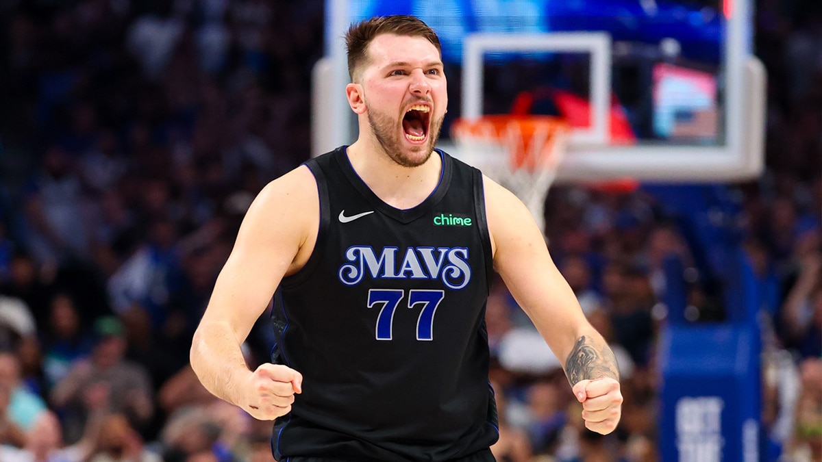 Dallas Mavericks guard Luka Doncic (77) reacts against the Oklahoma City Thunder during the second half in game six of the second round of the 2024 NBA playoffs at American Airlines Center.