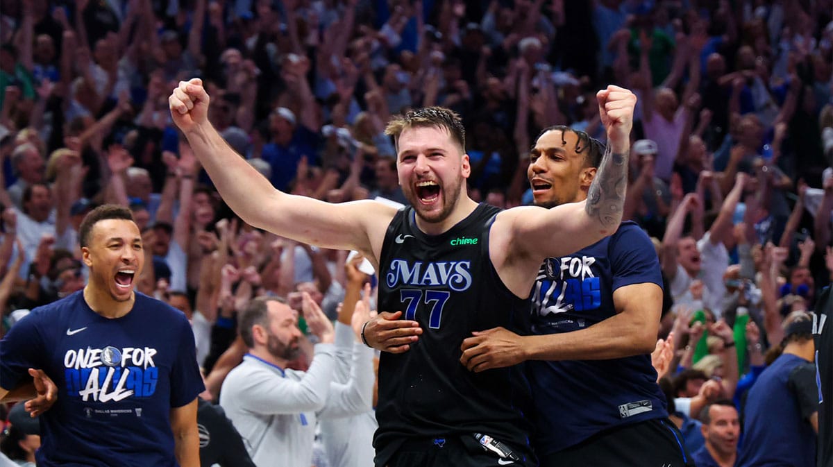 Luka Doncic celebrating after advancing to the Western Conference Finals