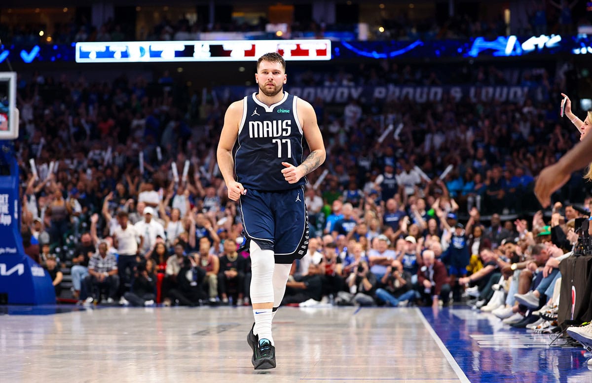 Dallas Mavericks guard Luka Doncic (77) reacts after scoring during the first half against the Oklahoma City Thunder during game three of the second round for the 2024 NBA playoffs at American Airlines Center. 