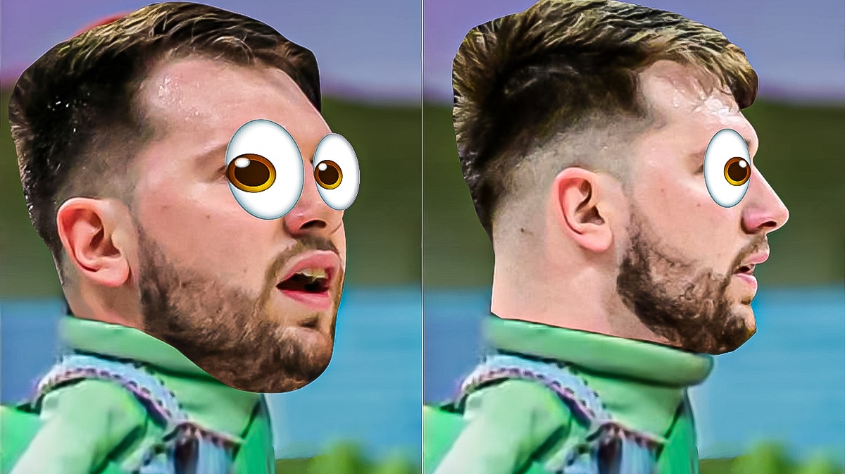 The surprised monkey meme but it's Luka Doncic and with his eyes popping out