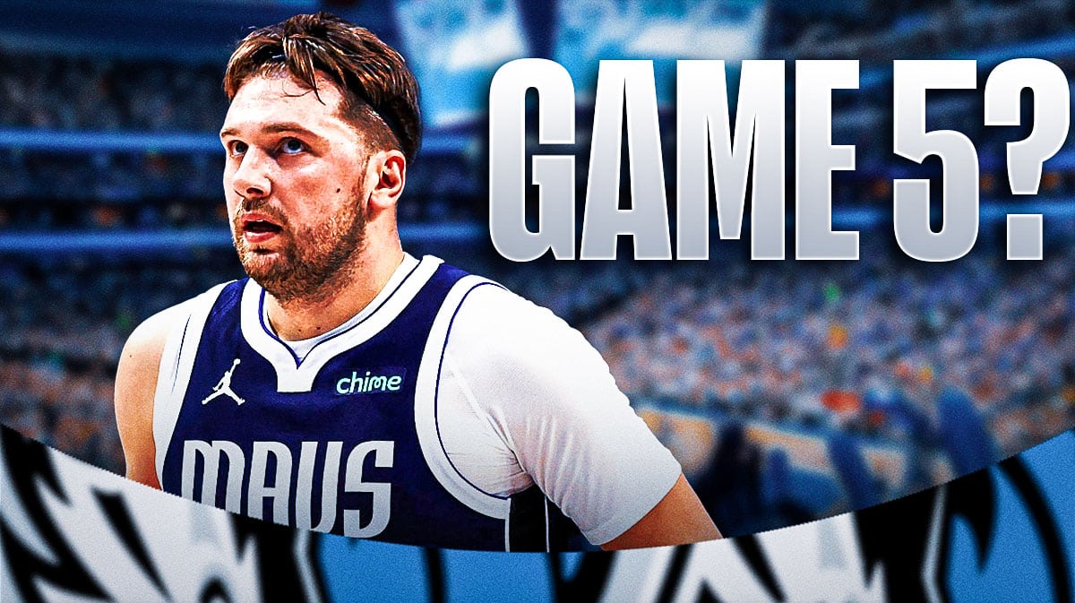 Mavericks' Luka Doncic on left looking serious. Write the following on the right: GAME 5?