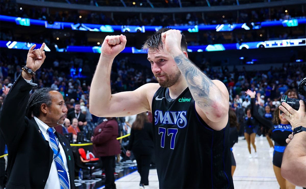 Dallas Mavericks guard Luka Doncic (77) reacts after the game against the Oklahoma City Thunder in game six of the second round of the 2024 NBA playoffs at American Airlines Center.
