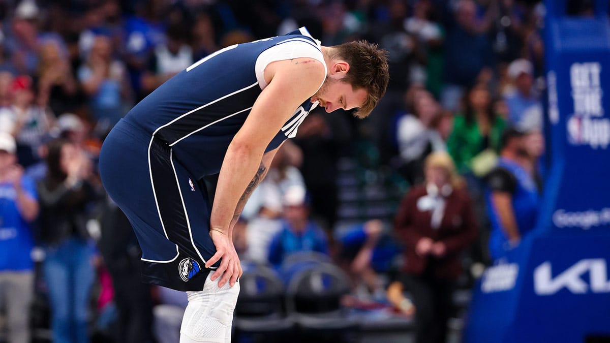 Dallas Mavericks guard Luka Doncic (77) reacts during the second half against the LA Clippers during game four of the first round for the 2024 NBA playoffs at American Airlines Center.