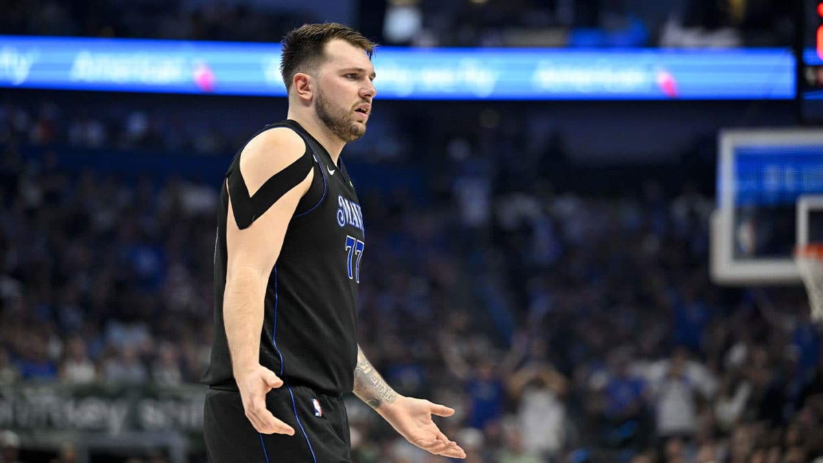 Dallas Mavericks guard Luka Doncic (77) reacts to a foul call during the first quarter against the LA Clippers during game six of the first round for the 2024 NBA playoffs at American Airlines Center.