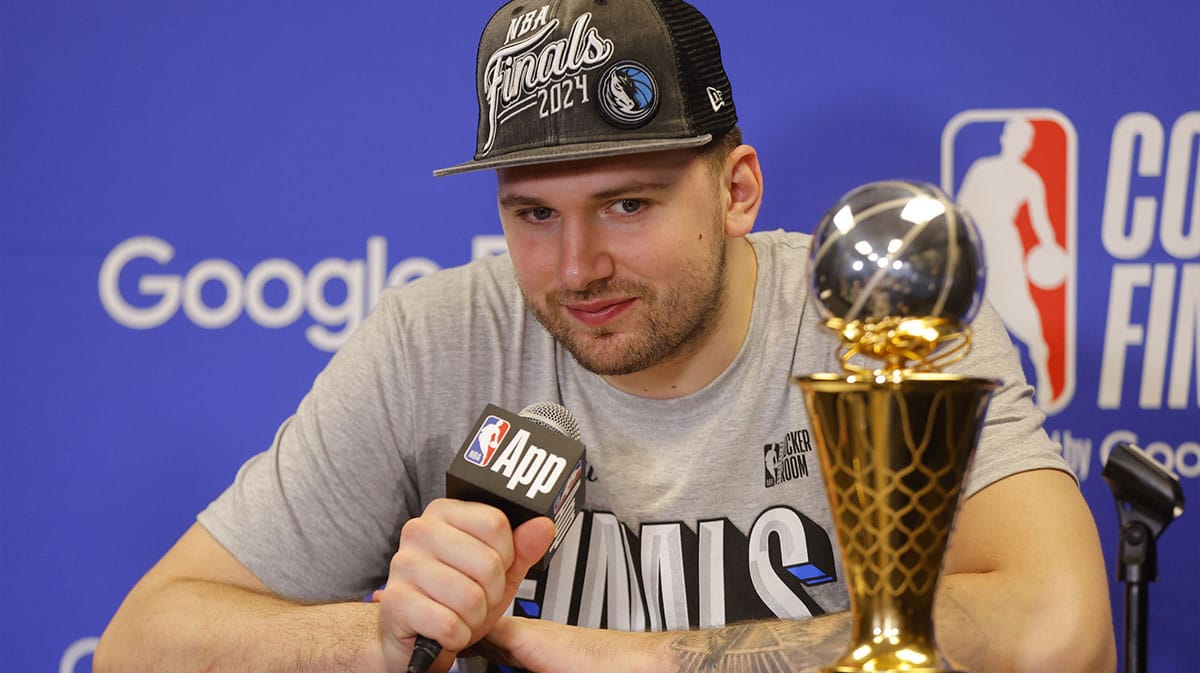 Dallas Mavericks guard Luka Doncic (77) at a press conference after winning the Western Conference Championship against the Minnesota Timberwolves in game five of the western conference finals for the 2024 NBA playoffs at Target Center. 
