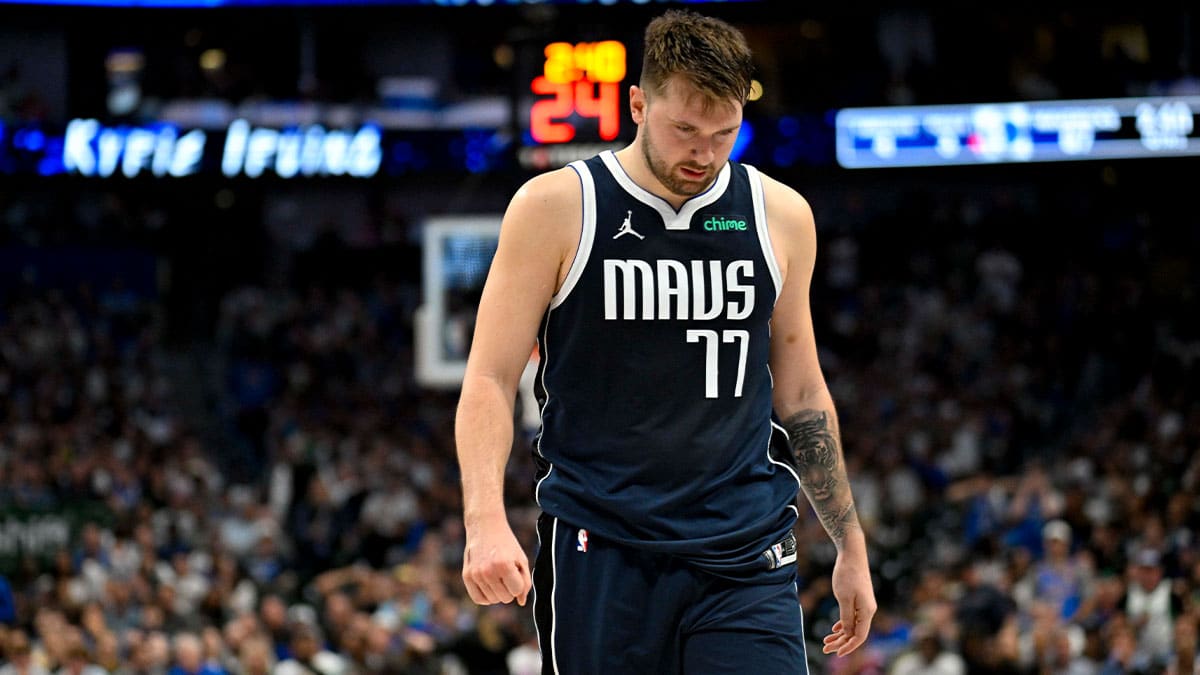 Dallas Mavericks guard Luka Doncic (77) walks back up the court during the second half against the Oklahoma City Thunder in game four of the second round for the 2024 NBA playoffs at American Airlines Center