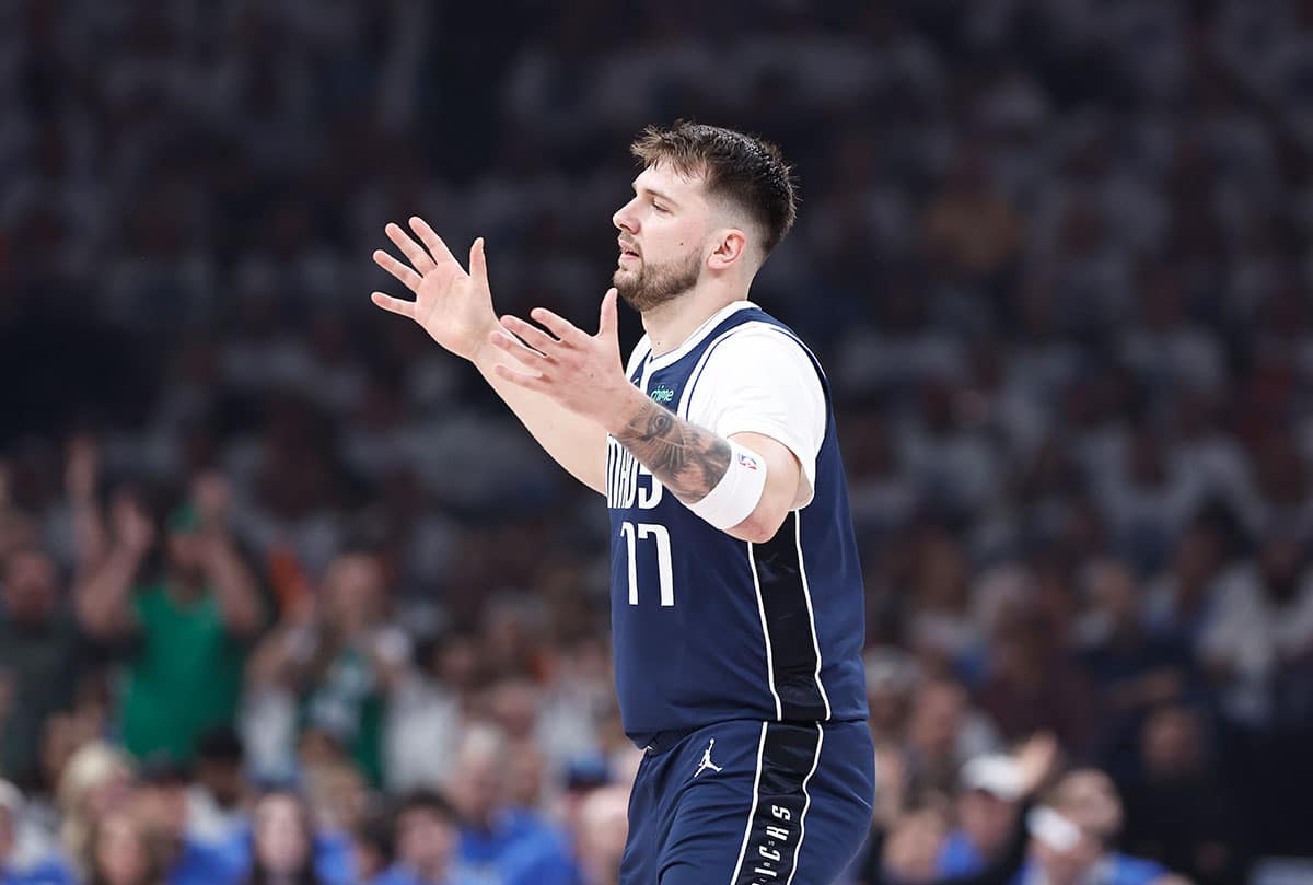 Dallas Mavericks guard Luka Doncic (77) reacts after a play against the Oklahoma City Thunder during the first quarter of game one of the second round for the 2024 NBA playoffs at Paycom Center. 