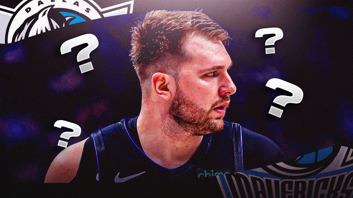 Luka Doncic looking serious. Place question marks around him.