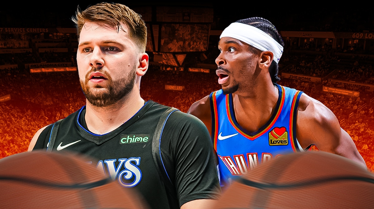 Mavericks' Luka Doncic looking serious on left. Thunder's Shai Gilgeous-Alexander on right.