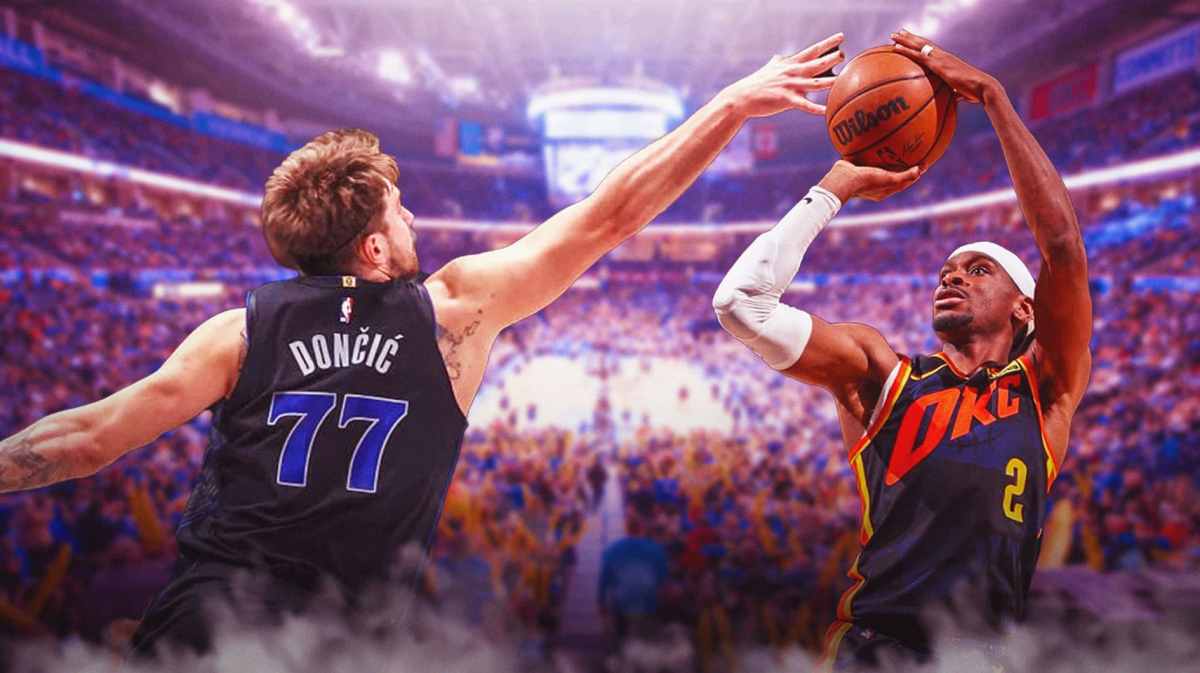 Mavericks' Luka Doncic blocking Thunder's Shai Gilgeous-Alexander's shot.
