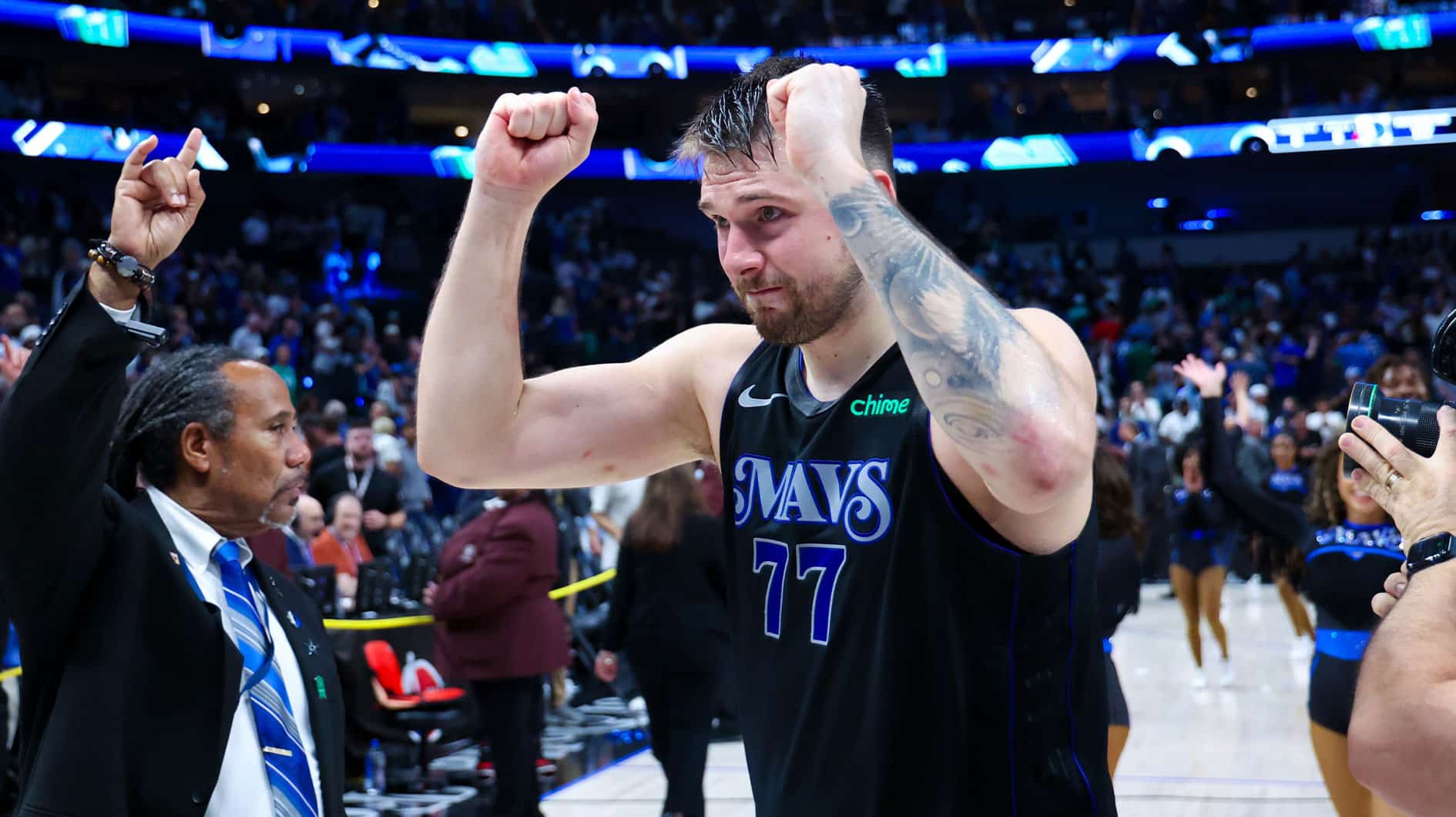 Dallas Mavericks guard Luka Doncic (77) reacts after the game against the Oklahoma City Thunder in game six of the second round of the 2024 NBA playoffs at American Airlines Center. 