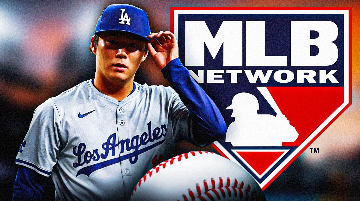 Los Angles Dodgers pitcher Yoshinobu Yamamoto next to MLB Network logo