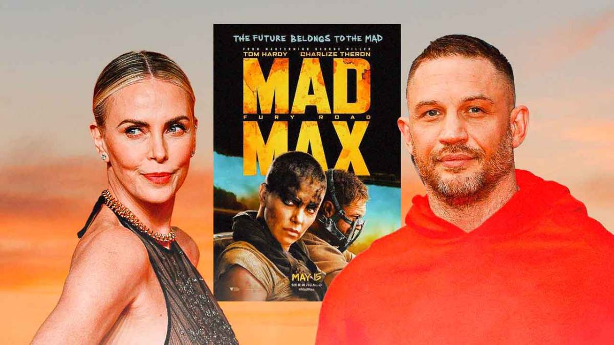 Charlize Theron and Tom Hardy with a Mad Max: Fury Road poster.