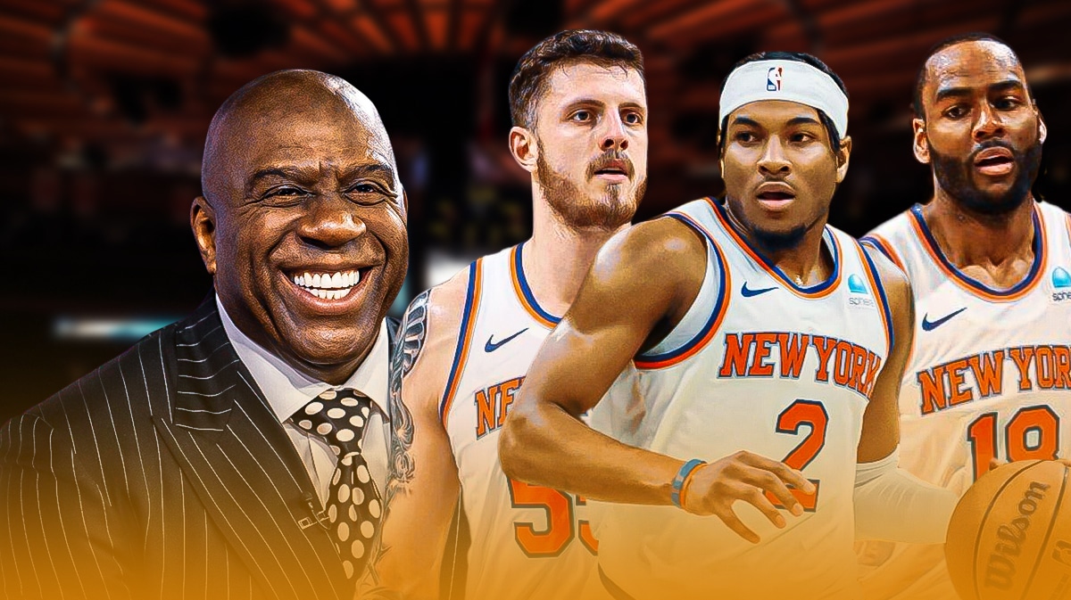Magic Johnson smiling at a hyped up Knicks' Isaiah Hartenstein, Miles McBride, and Alec Burks
