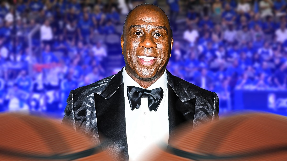 Magic Johnson, Mavericks, Thunder, Magic Johnson, P.J. Washington, Magic Johnson with Mavericks stadium in the background