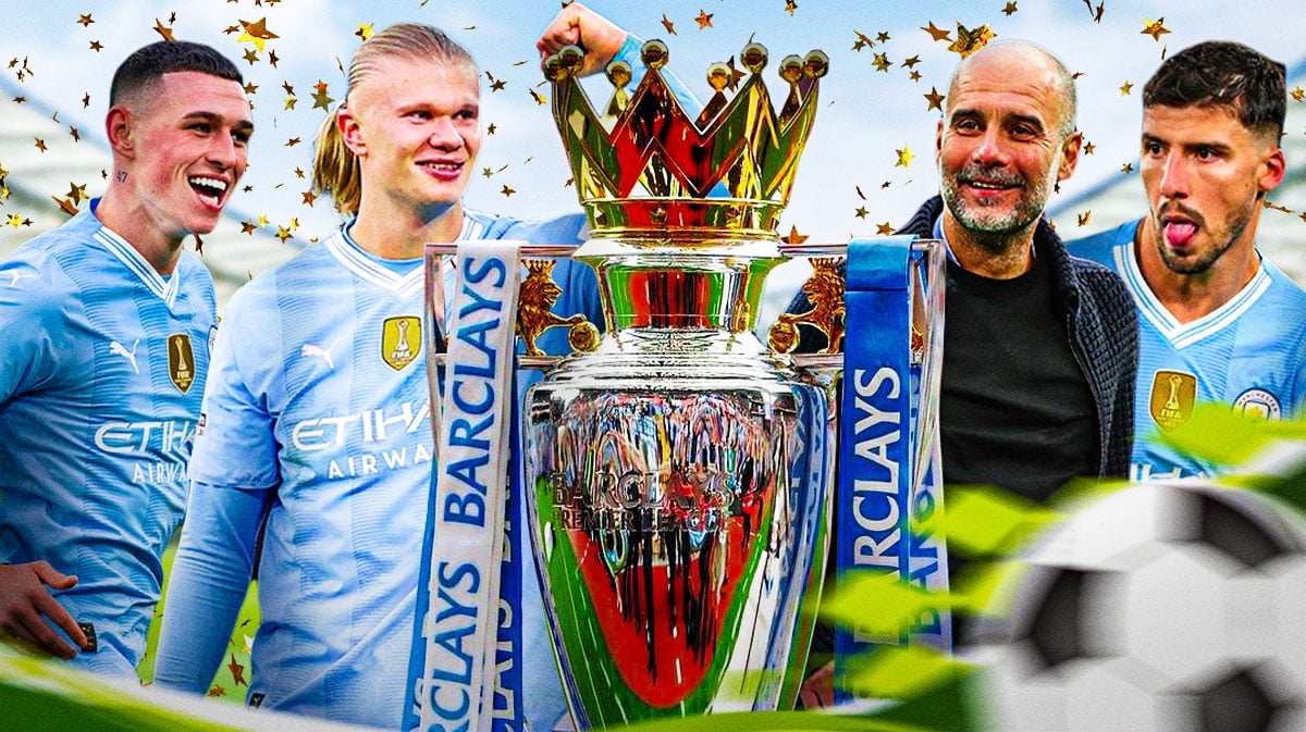 English Premier League trophy in middle with Manchester City manager and players Pep Guardiola, Erling Haaland, Phil Foden, and Ruben Diaz around it with confetti falling all around.