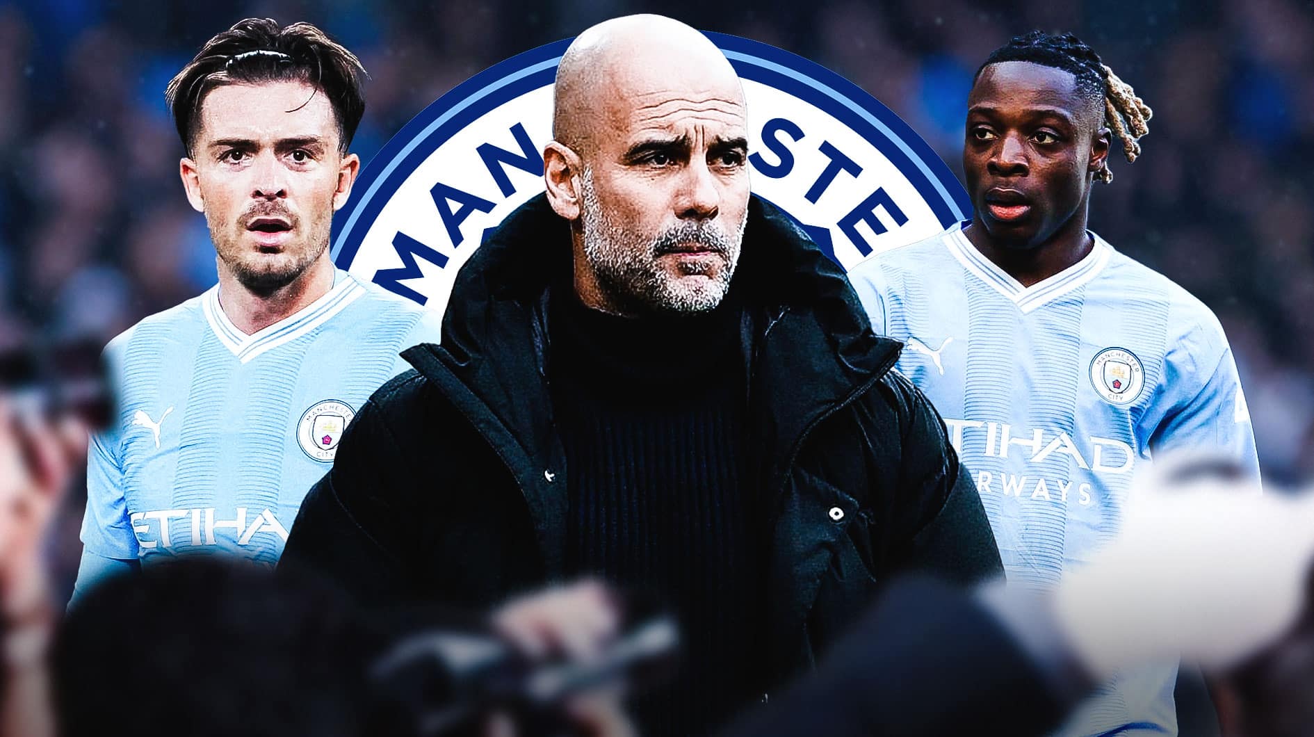 Pep Guardiola in the middle, Jack Grealish and Jeremy Doku on the sides, the Manchester City logo in the back