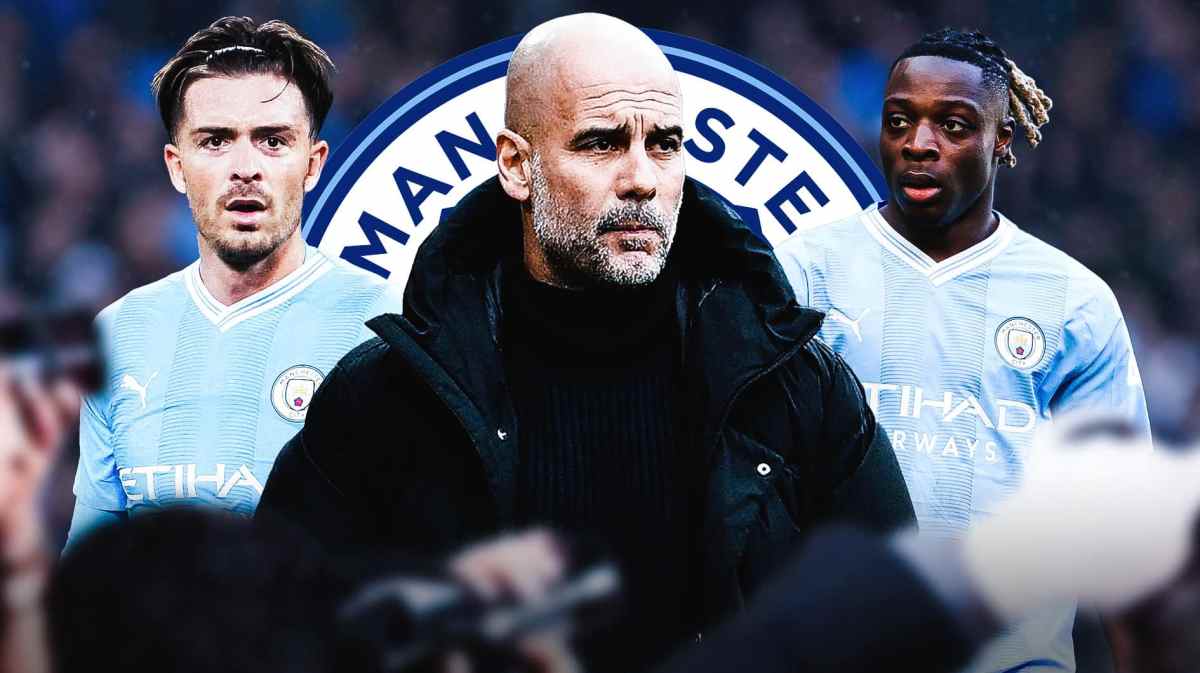Pep Guardiola in the middle, Jack Grealish and Jeremy Doku on the sides, the Manchester City logo in the back