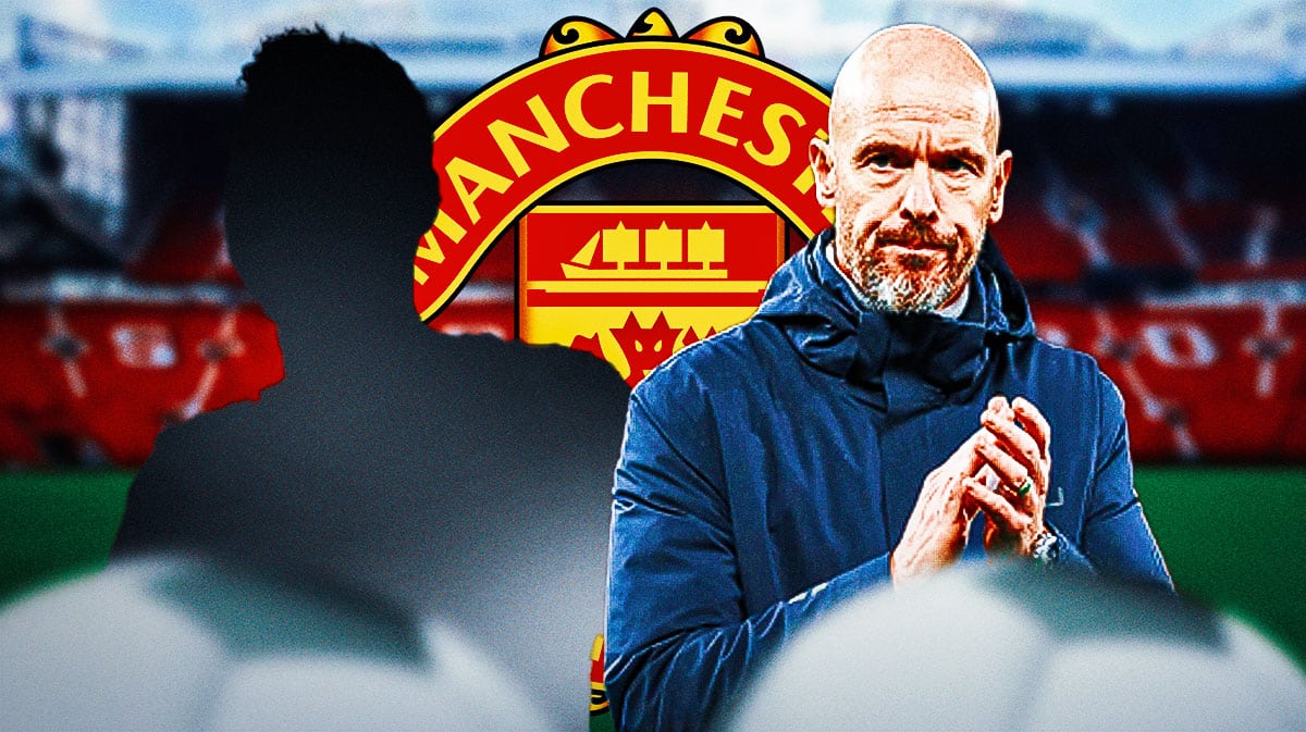 The silhouette of Roberto De Zerbi next to Erik ten Hag, the Manchester United logo behind them