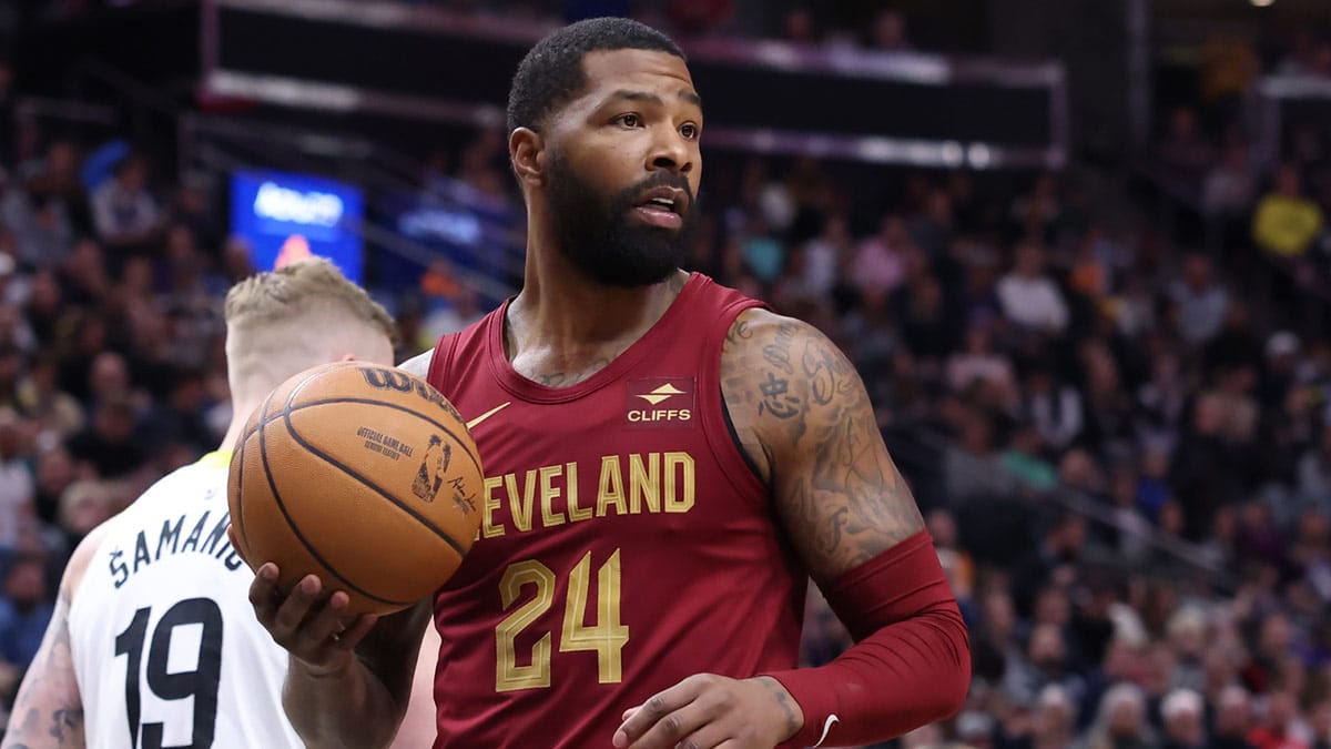 Cleveland Cavaliers forward Marcus Morris Sr. (24) reacts to a call against the Utah Jazz during the third quarter at Delta Center.