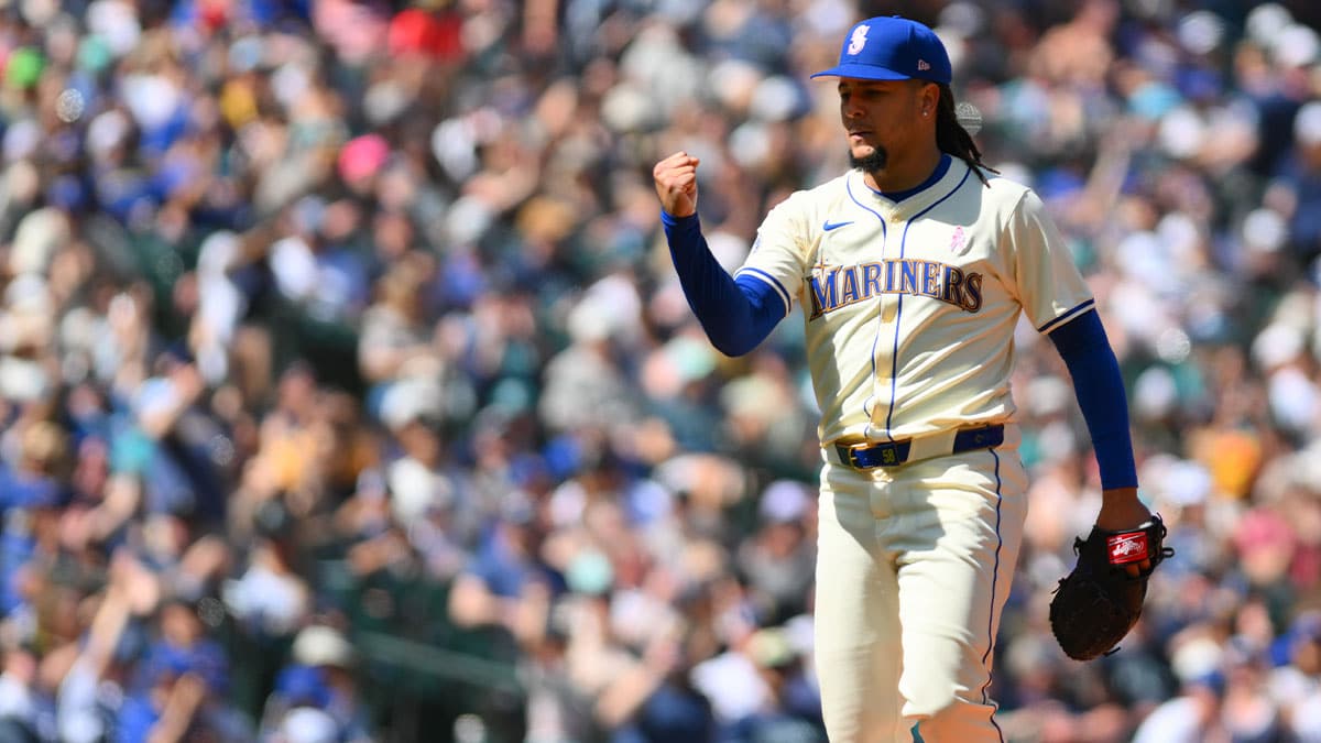 Seattle Mariners starting pitcher Luis Castillo (58) celebrates the final out against the Oakland Athletics during the sixth inning at T-Mobile Park.