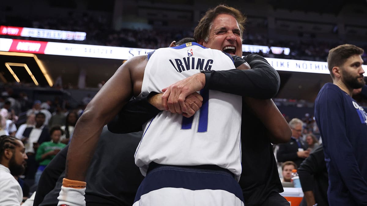 Minneapolis, Minnesota, USA; Dallas Mavericks minority owner Mark Cuban celebrates with guard Kyrie Irving (11) after winning the Western Confrerence Championship against the Minnesota Timberwolves in game five of the western conference finals for the 2024 NBA playoffs at Target Center. Mandatory