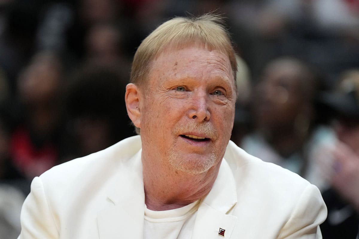 Las Vegas Aces and Las Vegas Raiders owner Mark Davis reacts during the first half against the LA Sparks at Crypto.com Arena.