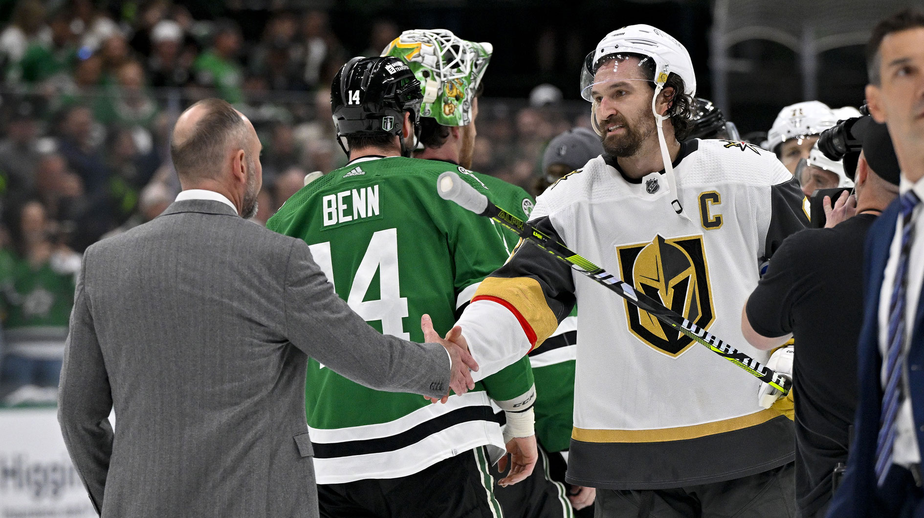 Dallas Stars head coach Peter DeBoer shakes hands with Vegas Golden Knights right wing Mark Stone (61) after the Stars defeat the Vegas Golden Knights in game seven of the first round of the 2024 Stanley Cup Playoffs at American Airlines Center.