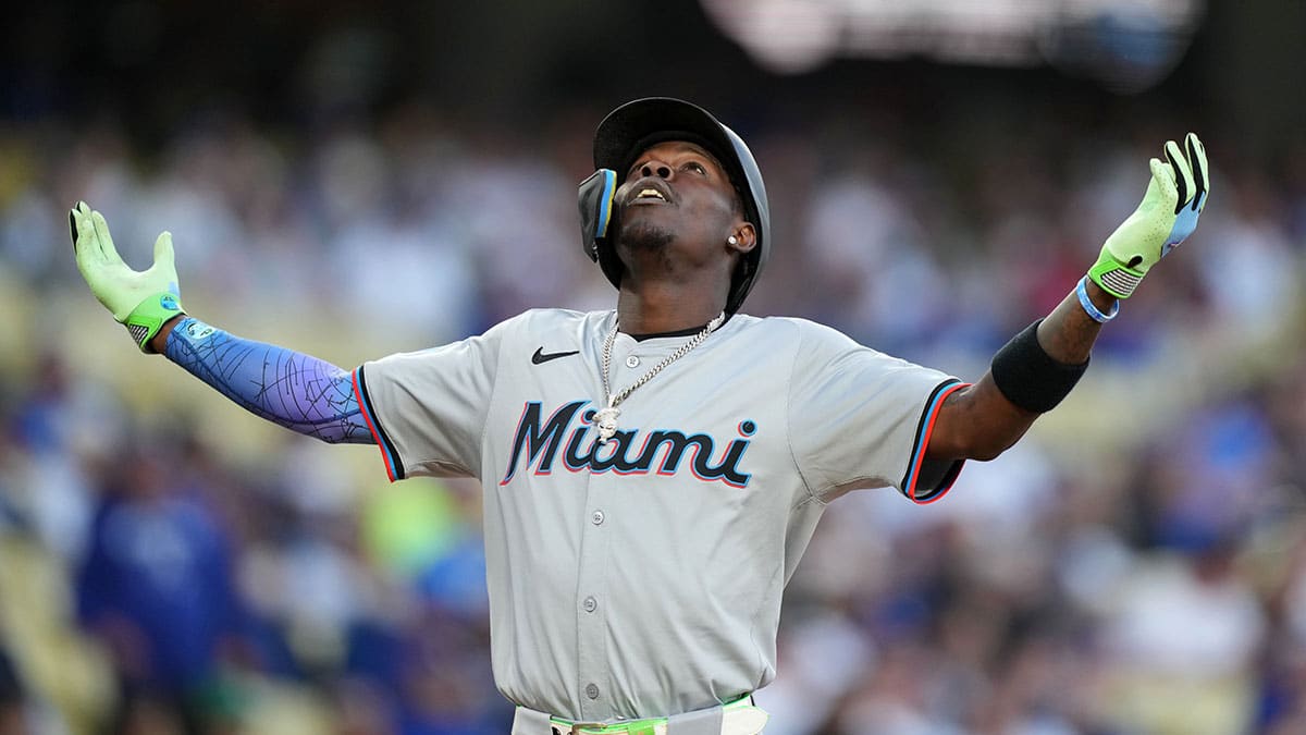Miami Marlins center fielder Jazz Chisholm Jr. (2) celebrates after hitting a home run in the first inning against the Los Angeles Dodgers at Dodger Stadium.