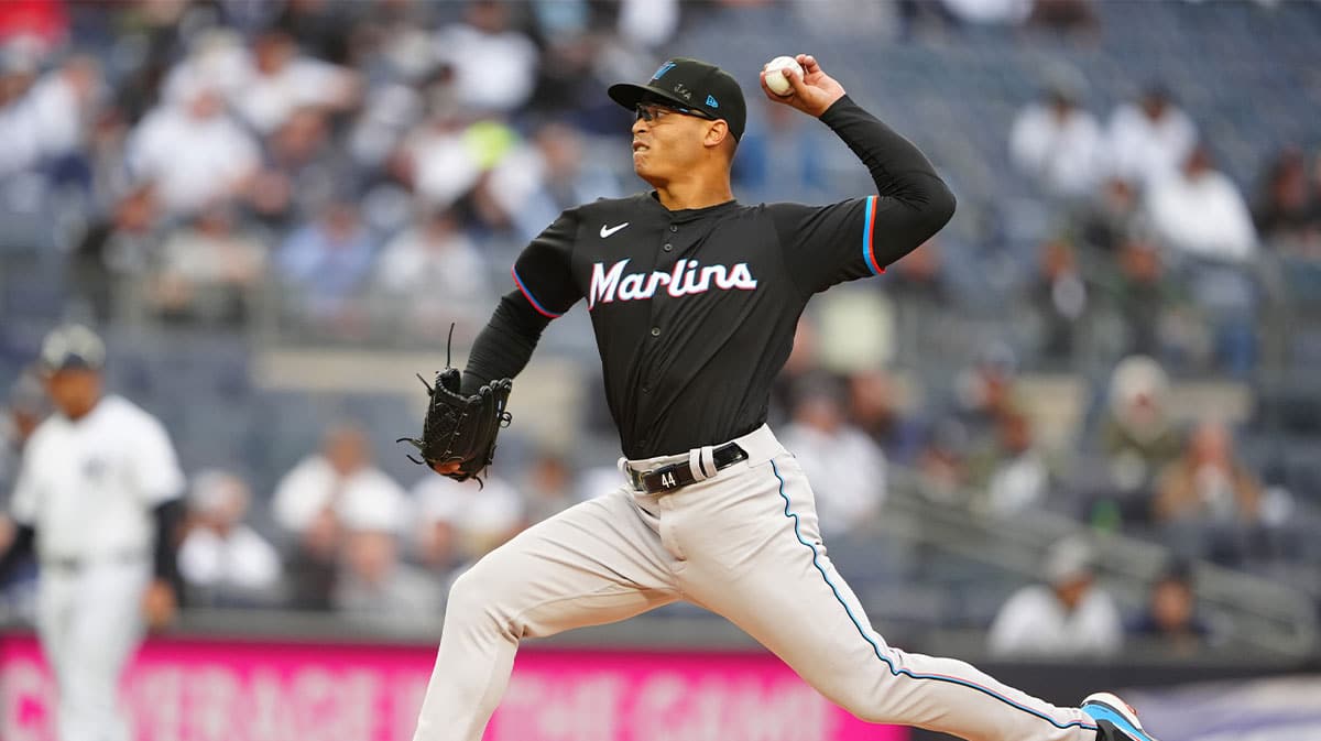 Miami Marlins pitcher Jesus Luzardo (44) delivers a pitch against the New York Yankees during the first inning at Yankee Stadium.