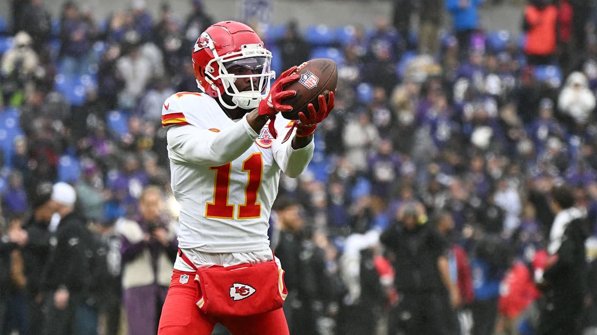 Kansas City Chiefs wide receiver Marquez Valdes-Scantling (11) warms up prior to the AFC Championship football game against the Baltimore Ravens at M&T Bank Stadium.