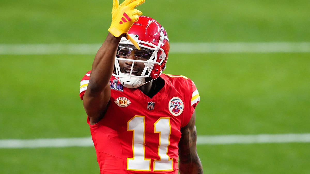 Kansas City Chiefs wide receiver Marquez Valdes-Scantling (11) celebrates a touchdown catch against the San Francisco 49ers in the second half in Super Bowl LVIII at Allegiant Stadium.