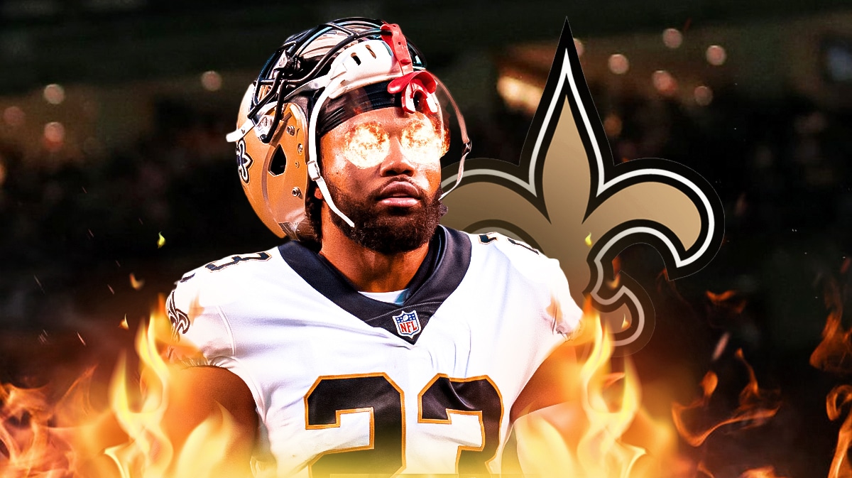 Saints Marshon Lattimore with fire in his eyes and surrounded by fire