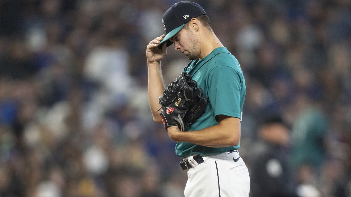 Sep 30, 2023; Seattle, Washington, USA; Seattle Mariners relief pitcher Matt Brash (47) stands on the mound before for getting pulled from a game against the Texas Rangers during the fourth inning at T-Mobile Park.