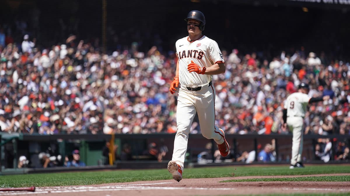 May 27, 2024; San Francisco, California, USA; San Francisco Giants third baseman Matt Chapman (26) scores a run against the Philadelphia Phillies in the second inning at Oracle Park.