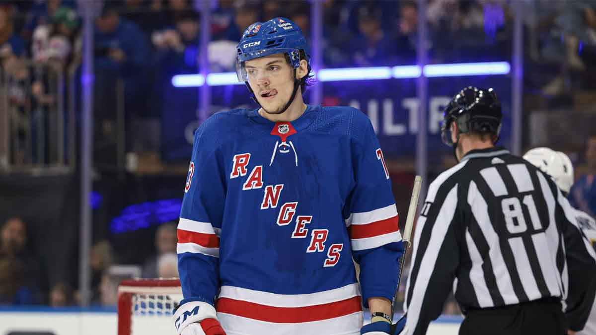 New York Rangers center Matt Rempe (73) reacts after a play during the third period in game two of the Eastern Conference Final of the 2024 Stanley Cup Playoffs against the Florida Panthers at Madison Square Garden.